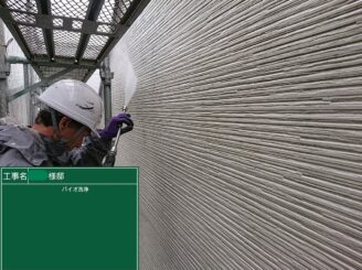 【外壁 バイオ洗浄】バイオ洗浄液を使用することで苔・藻・カビ等の汚れや油分を落としやすくします。