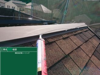 【棟板金 釘頭シーリング処理】打ち込んだ釘の抜けを防止します。