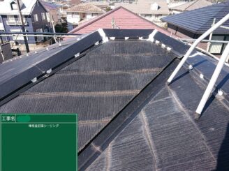 【棟板金 釘頭・ジョイント部シーリング処理】打ち込んだ釘の抜け防止、内部への雨水の侵入を防ぎます。